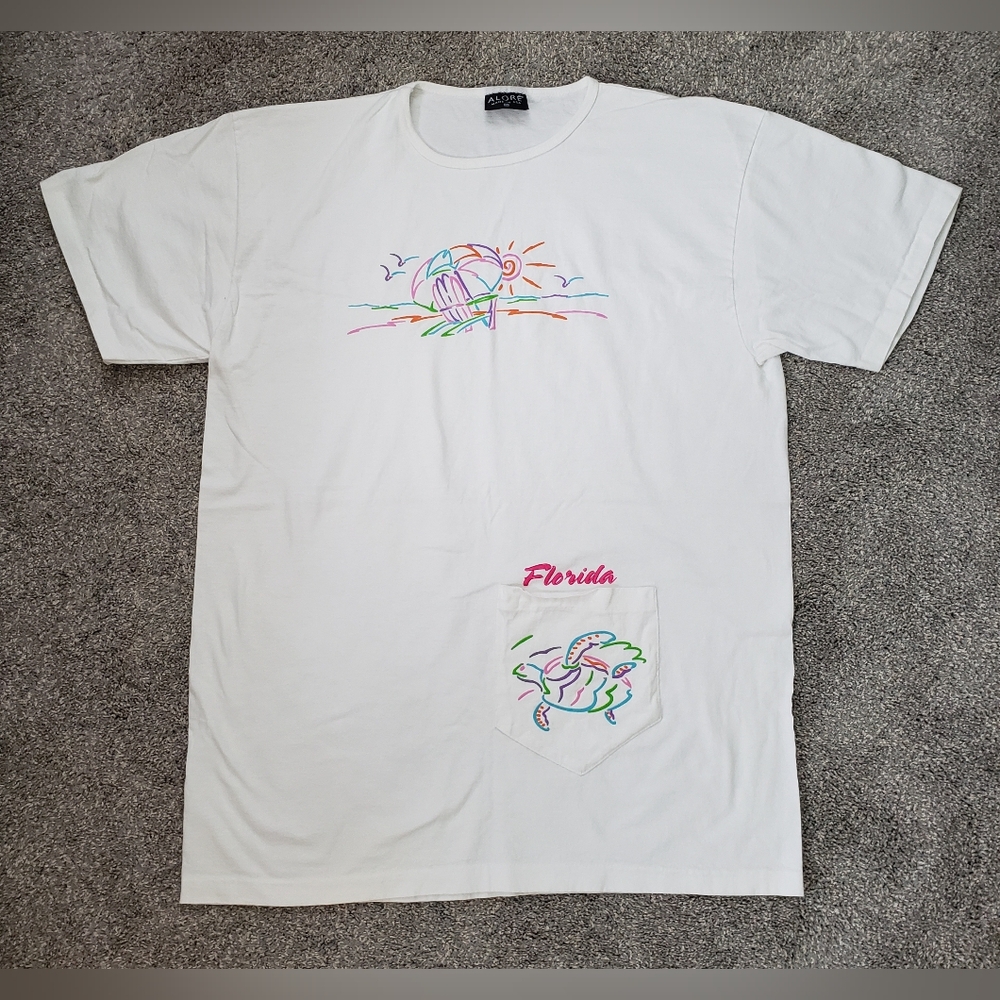 Vtg 90s Aloré Oversized White T-Shirt Beach Cover Up One Size Florida Sea Turtle